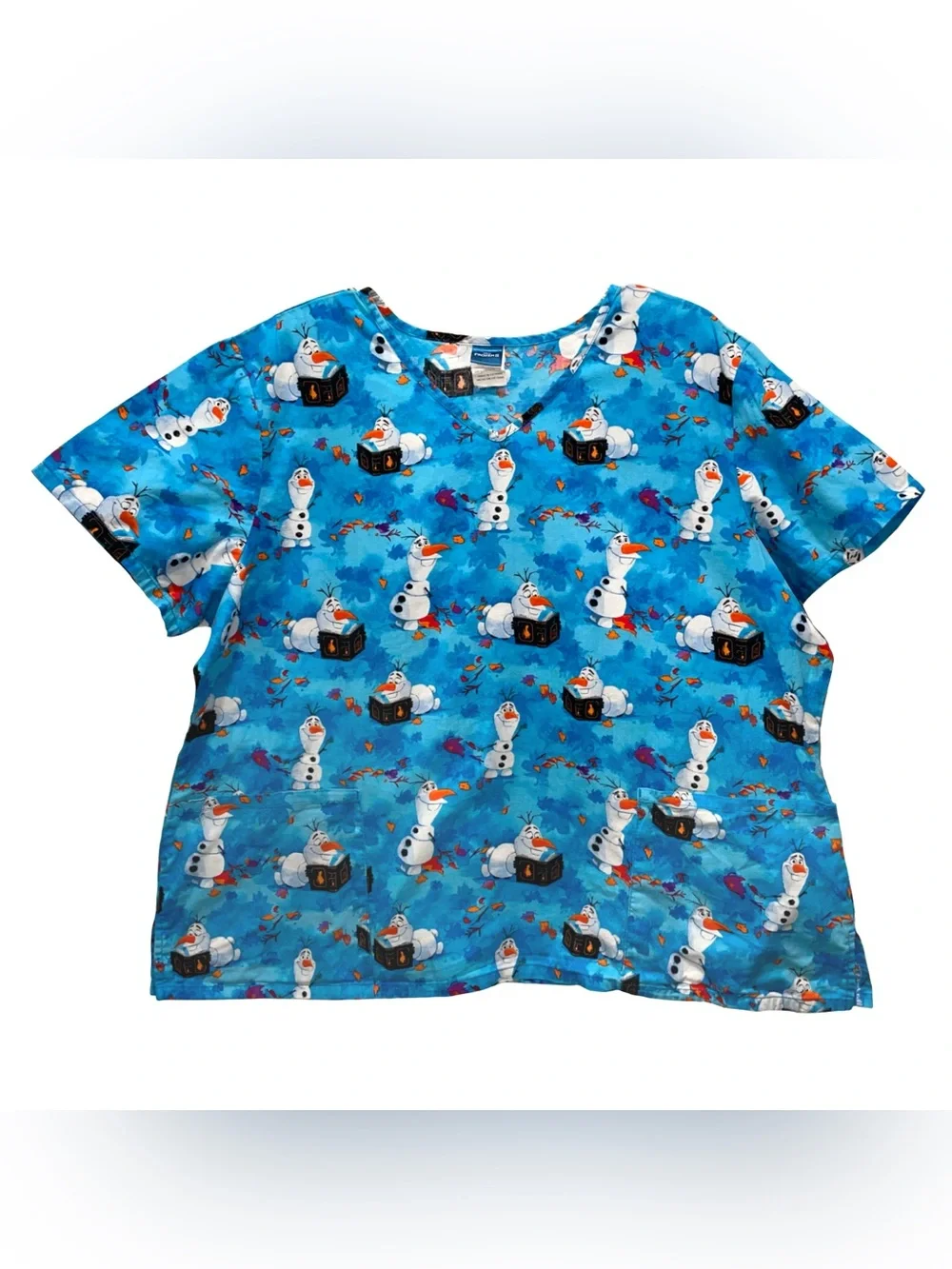 Disney Frozen Olaf Reading Fall Autumn Leaf Scrub Top 2XL Medic Nurse Dentist